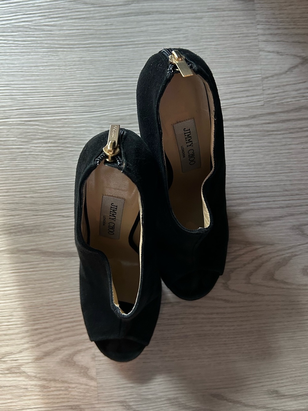 Jimmy Choo Black Suede Peep-Toe Bootie Heels with Gold Zip